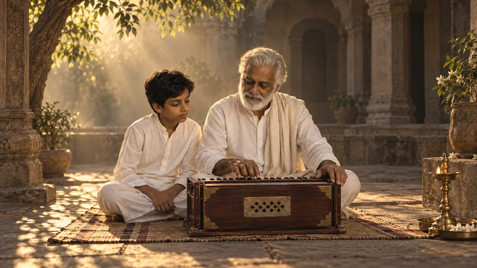 A teacher and a young student at a harmonium in a sunlit courtyard